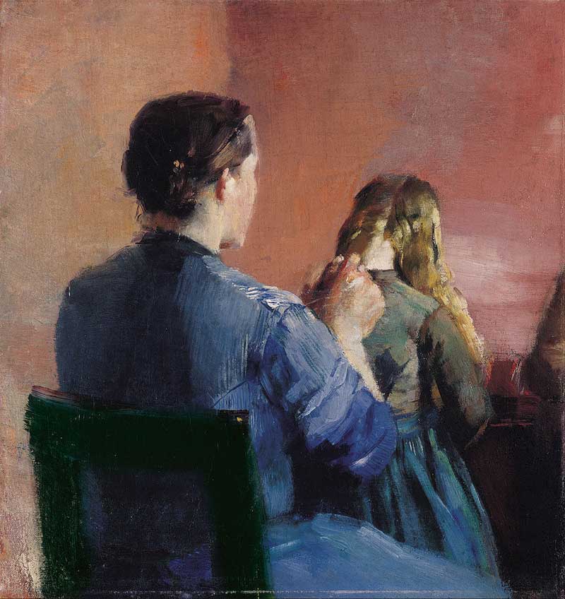 A mother plainting her little daughter's hair . Christian Krohg