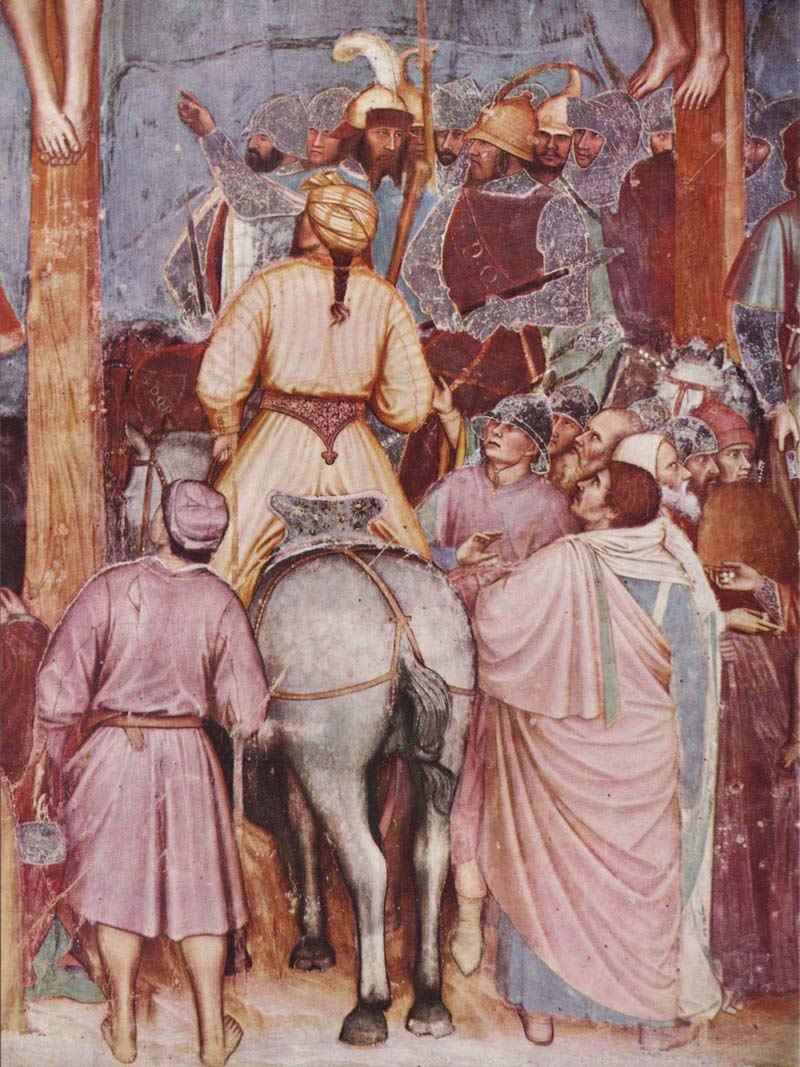 The Crucifixion, detail: The main man under the cross. Altichiero da Zevio