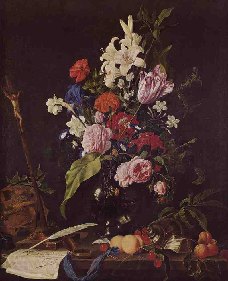 Bouquet of flowers in glass vase, crucifix and skull. Jan Davidsz de Heem
