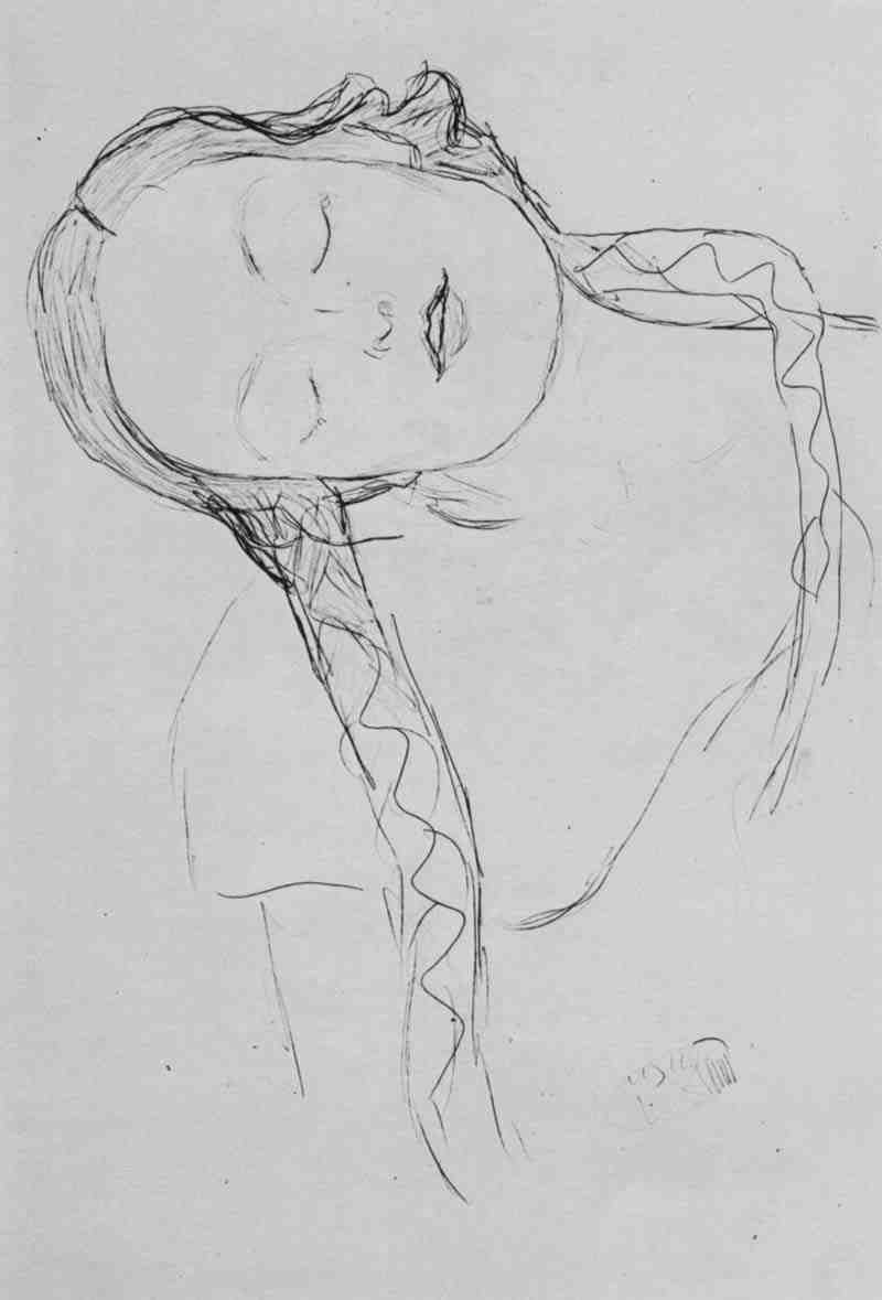 Sleeping girl with long braids, her head tilted to the left. Gustav Klimt