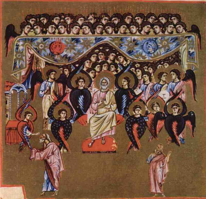 Collections of sermons of the monk John of Kokkinobaphos about the Virgin Mary, scene: God the Father and angels. Master the sermons of the monk Johannes Kokkinobaphos