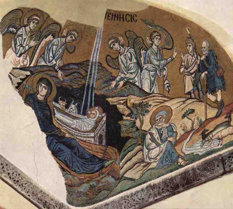 Mosaics of the Church of Daphni, scene: the birth of Christ. Master of Daphni