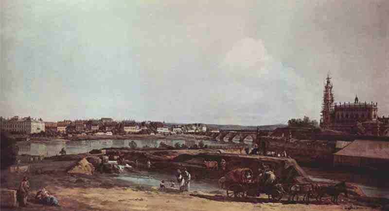 View of Dresden from the left bank of the Elbe, The Bastion Sol with Augustus Bridge and the Hofkirche. Canaletto (I)