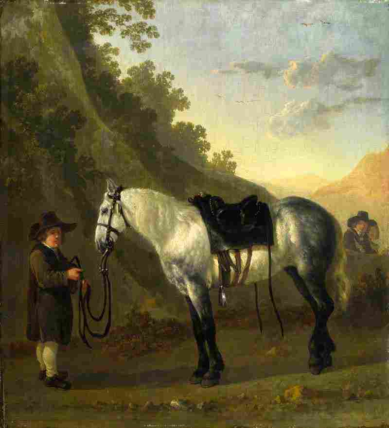 A Boy holding a Grey Horse, Abraham van Calraet