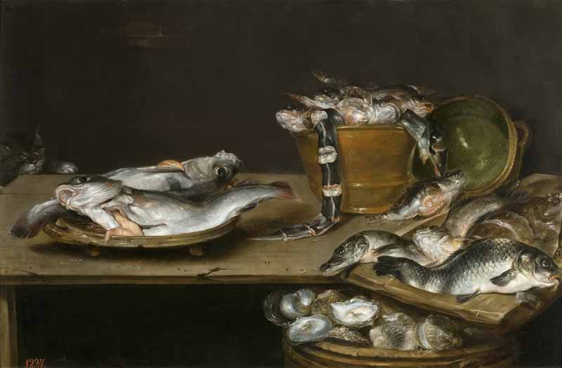 Still Life with Fish, Oysters and a Cat. Alexander Adriaenssen