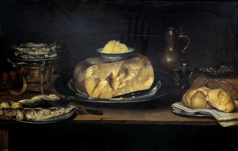 Still life with cheese, sausage, bread and fish. Alexander Adriaenssen