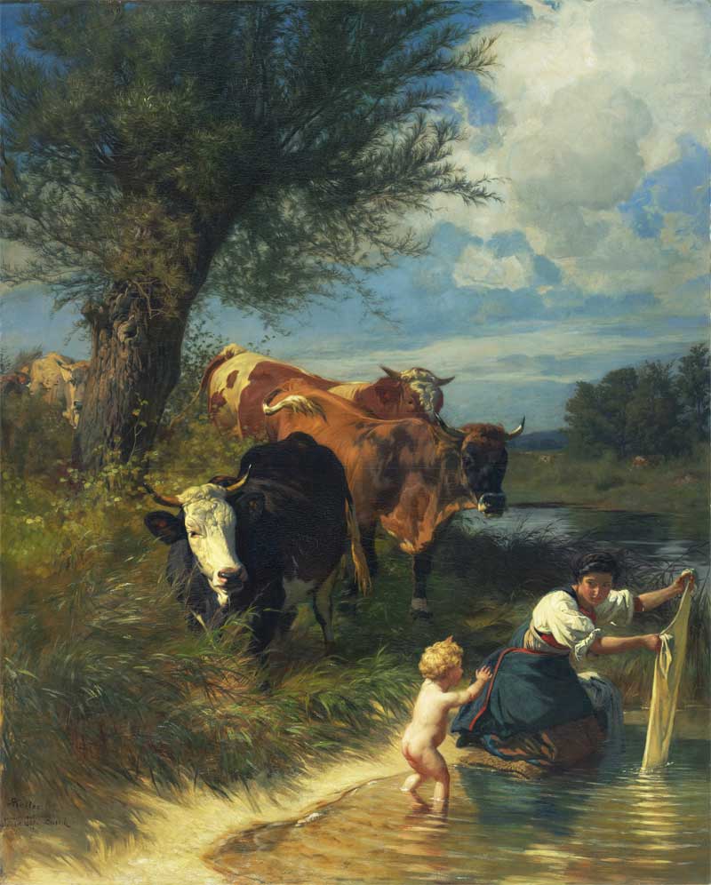 Cows and washerwomen near a brook. Rudolf Koller