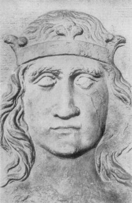 A carved stone bas-relief showing the head of Heinrich Frauenlob.