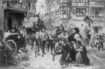 A painting showing bound robber barons being escorted through the streets by armed guards. Inhabitants of the town surround the procession, shouting and and throwing things at the bound men.