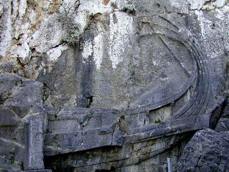 Rock cut ship monument signed by Pythokritos on Lindos acropolis