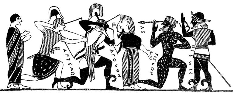 Artemis and Apollo with their bows against Tityus