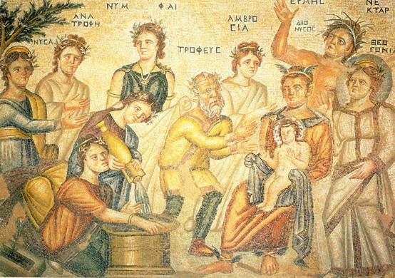 Nysa, Anatrofi, Nymphen, Tropheus, Ambrosia, Hermes und Dionysos, Nektar und Theogonia