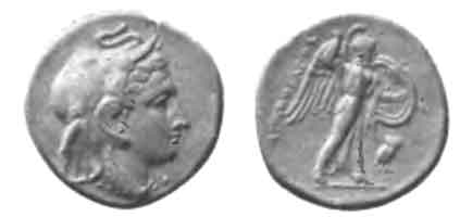 Agathokles Coin, right Athena with wings, and ow