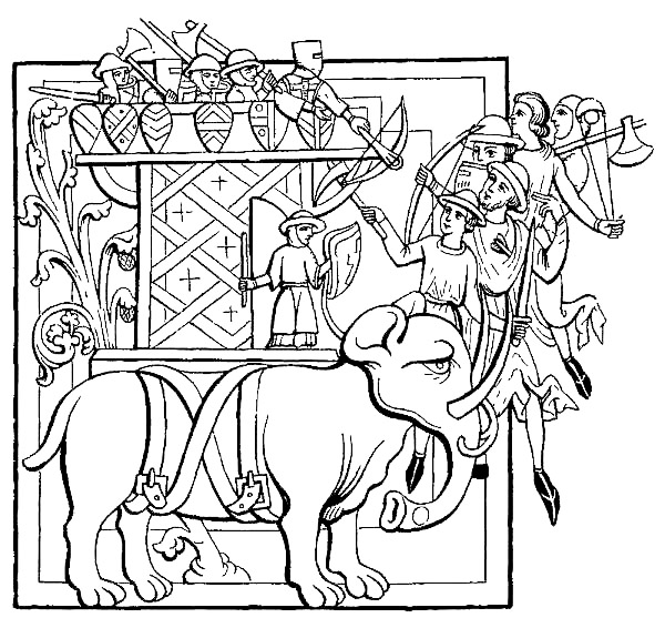 AN ELEPHANT, WITH ITS CASTLE AND ARMED MEN, ENGAGED IN BATTLE.