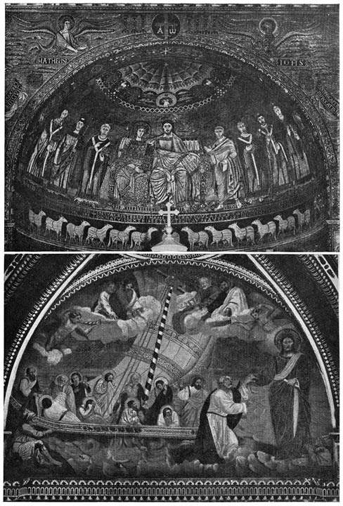 57. (1) Mozaïek in S. Maria in Trastevere. (2) Giotto’s Navicella in de St. Pieterskerk, Rome.