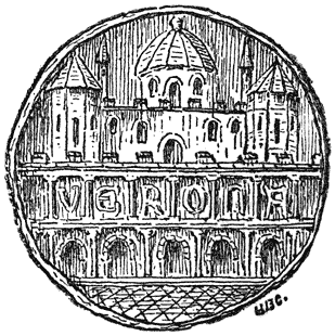 Kasteel van Theoderik te Verona. Naar een oud zegel.Op het zegel, niet in de afbeelding, staat in de zinspreuk, die Frederik Barbarossa aan de stad heeft gegeven na de vrede van Constanz. Dus kan het niet ouder zijn dan 1183. Maar het paleis bestond nog lang na Theoderik, en werd door de Longobardische en Karolingische Koningen gebruikt en later, nog in 1400, als vesting. Het werd afgebroken in 1801. Het gebouw op den voorgrond is een zuilengang verbonden aan de stadsmuren. De koepel en torens zijn waarschijnlijk Karolingisch.