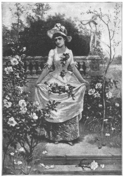 A young woman in a garden, collecting roses in her apron