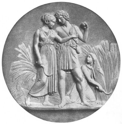Bas-relief of a man offering an apple to one of two women who are harvesting wheat