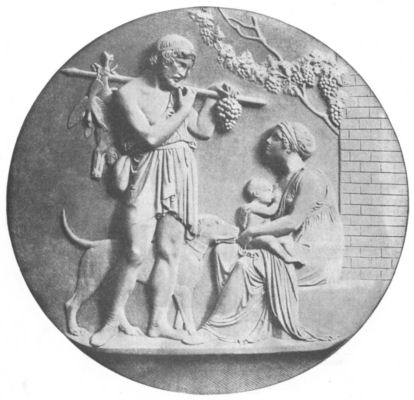 Bas-relief of a man returning, from hunting and foraging, to his wife and infant