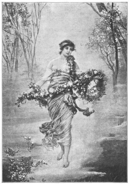 A young woman carries a garland of leaves and flowers through woodland