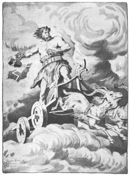 Thor, carrying his hammer, rides in an open cart pulled by two goats