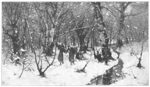 Three young women carry firewood through snowy woodland