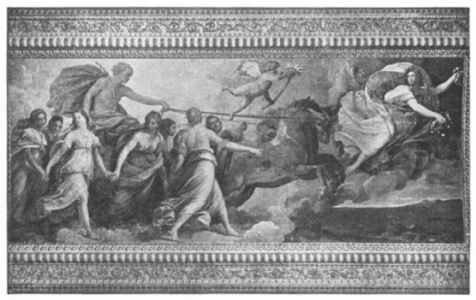 Apollo in his chariot, which is surrounded by female figures, follows Aurora