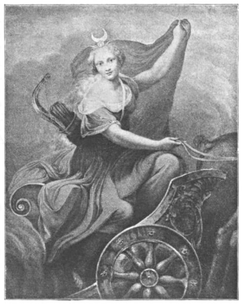Diana, crowned with a crescent moon, in her chariot and carrying bow and arrows
