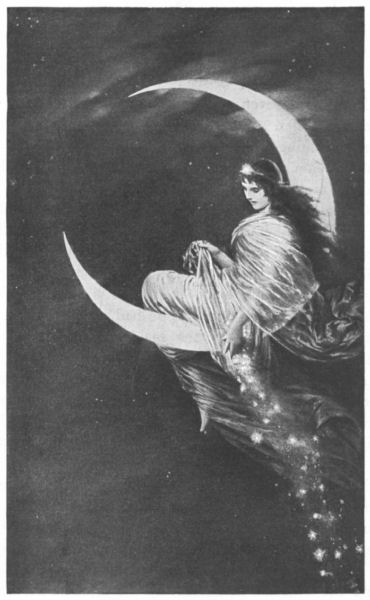 A dark-haired young woman sits on a crescent moon