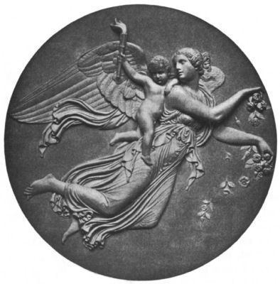 Bas-relief of a female angel who flies dropping flowers, with a cherub who carries a torch