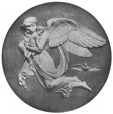 Bas-relief of an angel flying, carrying two sleeping babies, with an owl following