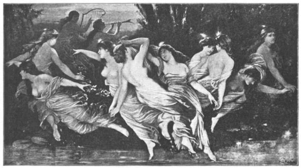 Eleven nymphs dance and play music in woodland next to a stream