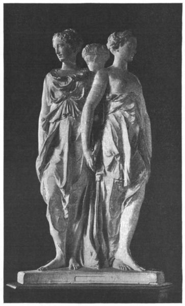 Sculpture of the three Graces standing in a circle facing outwards