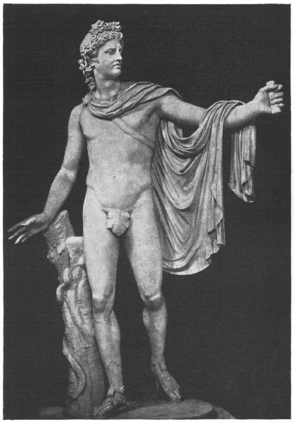 Sculpture of Apollo, standing with one arm outstretched