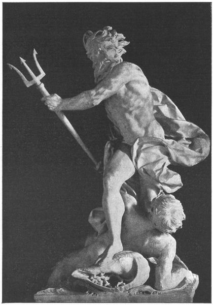 Sculpture of Neptune, carrying a trident, and striding over a male figure