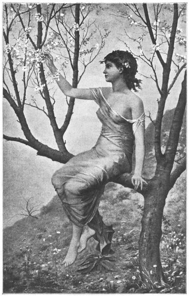 A young woman sits on a low branch of a blossom tree