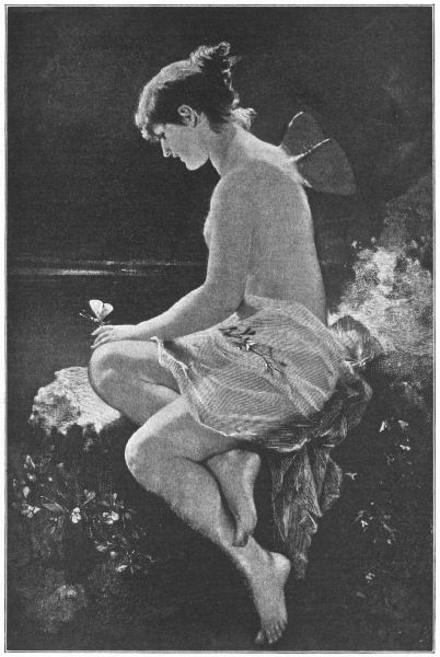 Psyche sits near the sea, with a butterfly perched on her finger