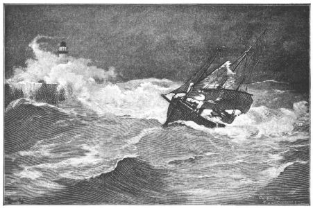 A small sailing boat in rough seas near a lighthouse