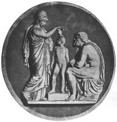 Bas-relief showing Minerva with a young boy and a bearded man