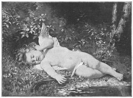 A cherubic Cupid asleep on the bank of a stream