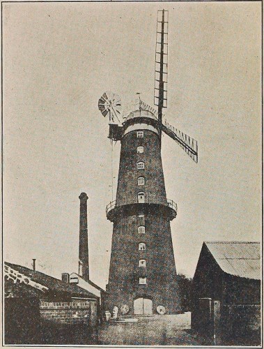 Brick tower mill; largest built. Great Yarmouth, England. (With Cubit’s tail vane.)
