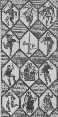 MORRIS DANCERS, AS DEPICTED IN AN OLD STAINED GLASS WINDOW IN A HOUSE AT BETLEY, STAFFORDSHIRE.