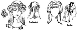 Two types of head-dress for women, showing different views and a detail