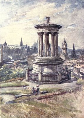 EDINBURGH FROM CALTON HILL West from the Hill shows the picturesque and irregular mass of the Castle, immediately behind the classic monument to Dugald Stewart, which occupies the foreground of the picture. On the right of the monument and the south side of Princes Street appear in succession the tower of the North British Railway Hotel, and the monument to Sir Walter Scott. On the left of the picture is seen part of the Old Town, with the Imperial Crown of St. Giles’s, the spire of the Tolbooth Church, and the dome of the Bank of Scotland, forming a well-assorted trio. Under these, and over the railway, stretches the North Bridge; below lies the Calton Old burial-ground, with its obelisk. In the near foreground of the picture is a rustic stone seat much used by weary sightseers.