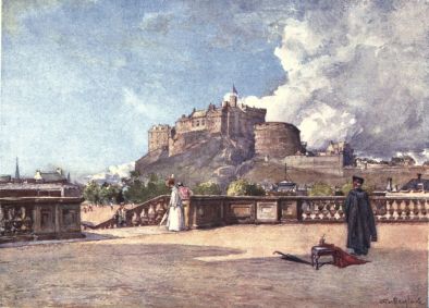 THE CASTLE FROM THE TERRACE OF HERIOT’S HOSPITAL The opening in the terrace on the left of the picture shows a staircase descending to the playground of the school. Most of the Castle is seen, including the Half-Moon Battery, and part of the south retaining wall of the Esplanade. A figure in a master’s gown occupies the foreground.