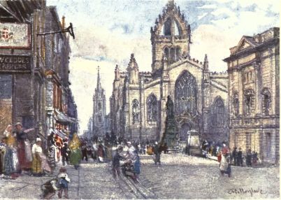 THE CHURCH OF ST. GILES FROM THE LAWNMARKET The statue of the Duke of Buccleuch shows immediately under the tower of the Cathedral, backed by the modernised west end of the building. Farther down the High Street, to the east, is the Tron Church, while to the right of the picture is a portion of the new County Hall. On the extreme left is the entrance from Lawnmarket to Baxter’s Close, where Burns once lodged. (See “Lady Stair’s Close.”)
