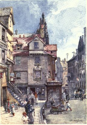 JOHN KNOX’S HOUSE, HIGH STREET To the left of the square stone water-conduit, which occupies the centre of the picture, is seen the west front of this picturesque structure, and still farther to the left a “fore-stair” of a building which may be of an earlier date than the one known as John Knox’s House. The opening into the Canongate to the right of the picture is St. Mary Street.