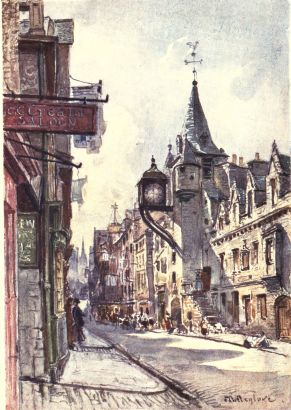 THE CANONGATE TOLBOOTH, LOOKING WEST On the right of the picture rises the Canongate Tolbooth with its conical roof and projecting clock, reminding one strongly of French architecture. The spire showing in the distance belongs to the Tolbooth Church, at the top of Lawnmarket.