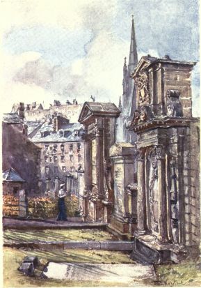 THE MARTYRS’ MONUMENT IN THE GRAVEYARD OF GREYFRIARS’ To the left of the spire of the Tolbooth Church, in the centre of the picture, and next the city wall, stands the Martyrs’ Monument, in front of which is the figure of a girl; above the figure appear some houses in Candlemaker Row. The low building on the extreme left of the picture is the old guardhouse. The duty of the guard was to prevent the stealing of bodies from the graveyard. The elaborate monument on the right of the picture is one of many erected in this graveyard during the early part of the eighteenth century.