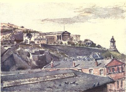 THE HIGH SCHOOL AND BURNS’S MONUMENT FROM JEFFREY STREET To the left of the picture, over a roof in the foreground, appears part of the tunnel of the North British Railway, above which rises that fine classic building, the (modern) High School. It stands on the southern slope of the Calton Hill, a portion of which is seen to the extreme left. On the extreme right is the monument to Robert Burns.
